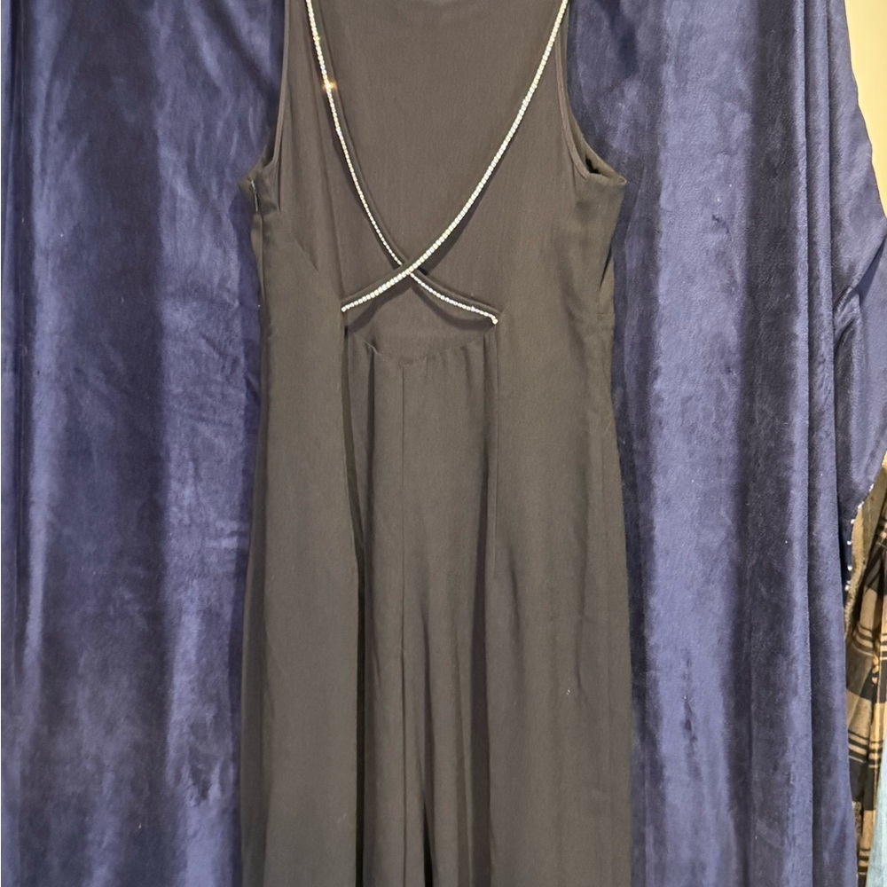 Vintage 90’s Elegant Black Sleeveless Jumpsuit with rhinestone cross back straps